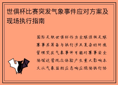 世俱杯比赛突发气象事件应对方案及现场执行指南