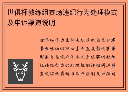 世俱杯教练组赛场违纪行为处理模式及申诉渠道说明
