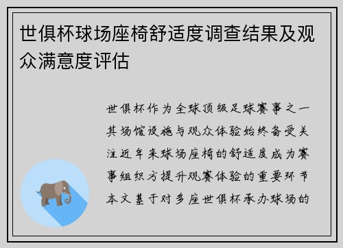 世俱杯球场座椅舒适度调查结果及观众满意度评估